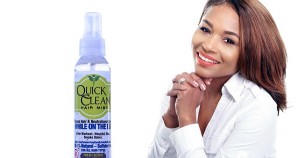 Angie Ravenel with her Quick Clean Hair Mist haircare product