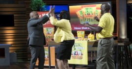 Daymond John congratulates Joe and Miranda Dowell, founders of Joe's Gourmet Fish Fry