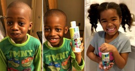 Children with Garner's Garden mouthwash and tooth powder