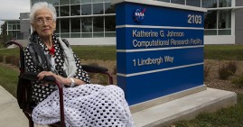 Katherine G. Johnson outside of a new building at NASA named after her