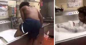 Man taking bath in Wendy's restaurant sink