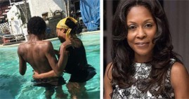Monica Calhoun teaching blind son how to swim