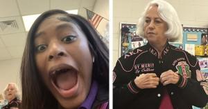 White substitute teacher wearing AKA jacket