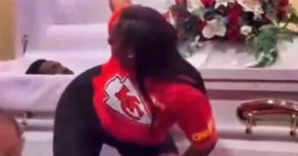 Football fan twerking at a casket at a funeral with kids president