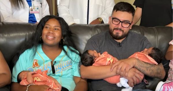 Nyla Craft and Marco Bernal with their triplets Elio, Elias, and Enzo